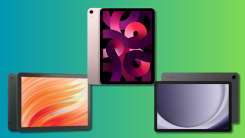 Apple iPad Air (5th Generation), All-new Amazon Fire HD 10, SAMSUNG Galaxy Tab A9+ Tablet on a teal and green gradient background.
