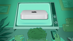 Man watching television screen displaying an Apple 2023 Mac Mini Desktop Computer M2 chip.