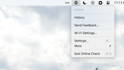 A screenshot of the right side of a Mac menu bar. The Online Check icon is clicked, showing that the device is online.