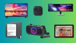 Insignia TV, Blink Outdoor 4, Kindle Scribe, Amazon Fire HD 10 tablet, SAMSUNG 49" Odyssey G93SC, JBL PartyBox On-The-Go Essential on a teal and green gradient background.