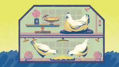 An illustration of a chicken coop in which the chickens are being pampered by AI devices