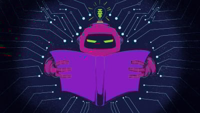 Illustration of a robot reading a book