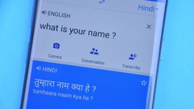 Google Translate app open on an Android phone, translating from English to Hindi