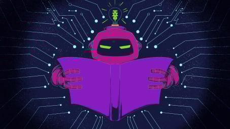 Illustration of a robot reading a book