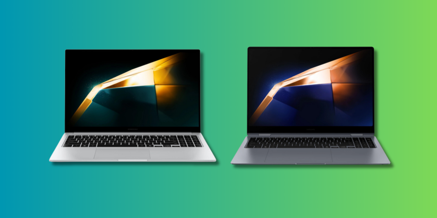 Galaxy Book4 Ultra and Galaxy Book4 on a teal and green gradient background.