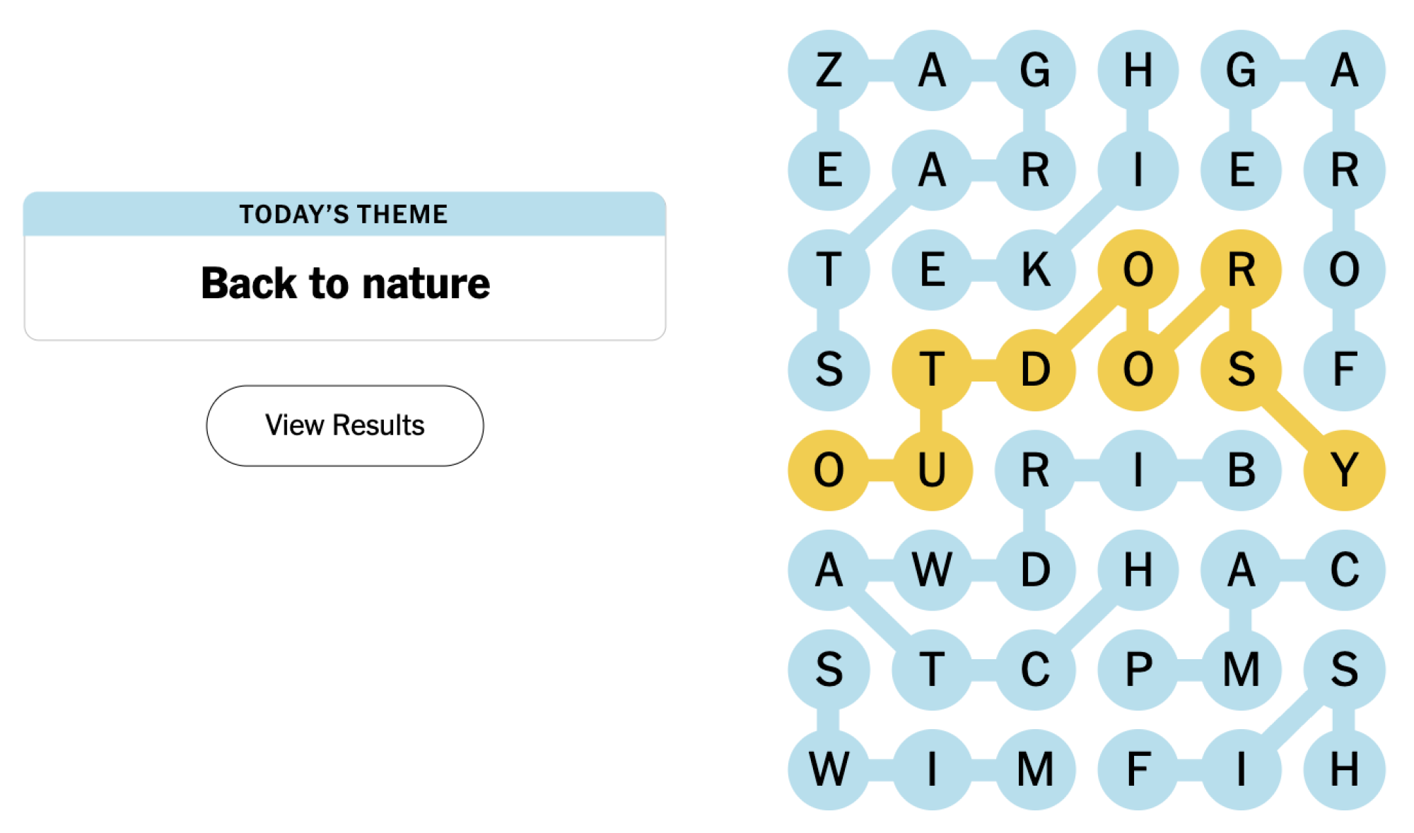 Completed NYT Strands board for August 9, 2024: Back to nature.