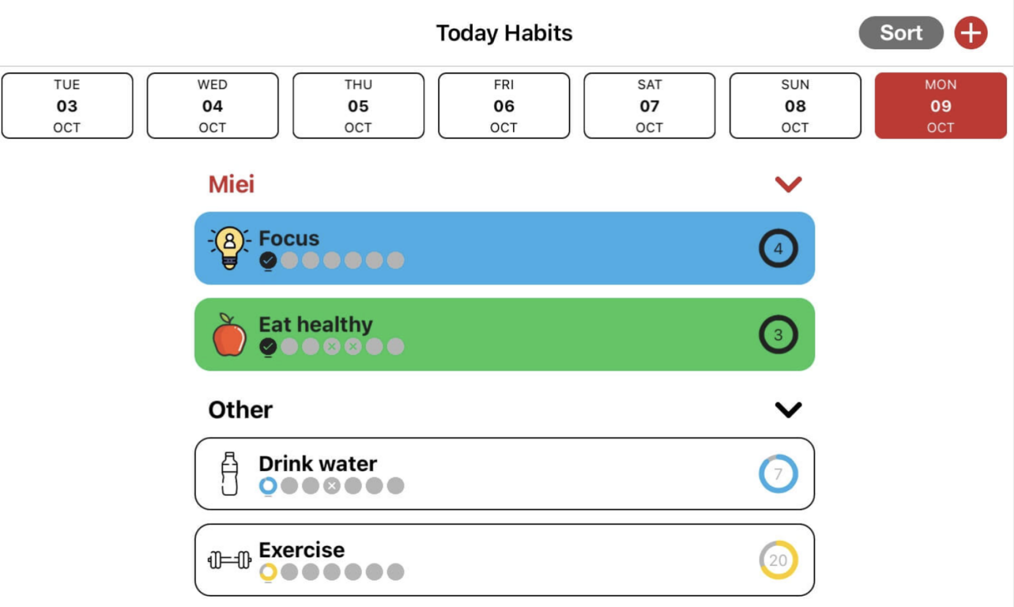 The main screen for Habituator, which shows all current habits. The user can check things off throughout the day.