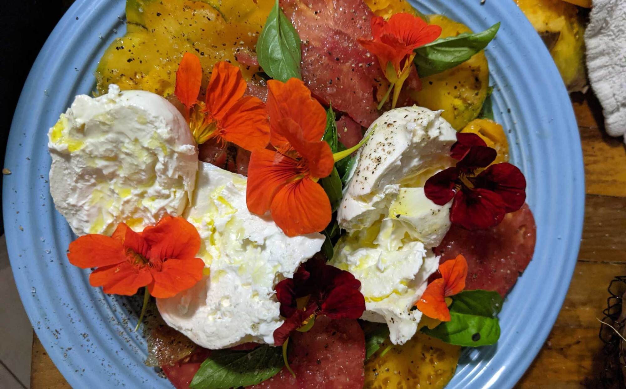 Nasturtium blossoms on a caprese salad